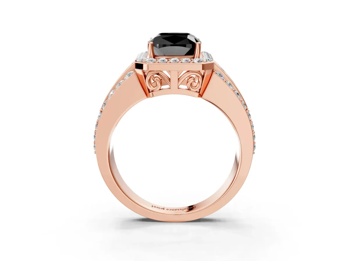 Fancy Black Cushion Cut Halo Diamond Ring with Round Split Shank and Prong Setting Rose gold