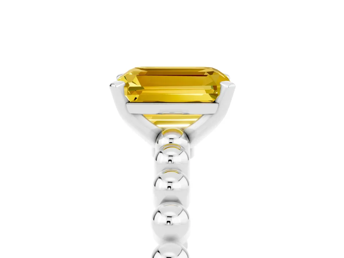 Emerald Cut Yellow Sapphire Solitaire Ring with Beaded Band and Prong Setting White gold