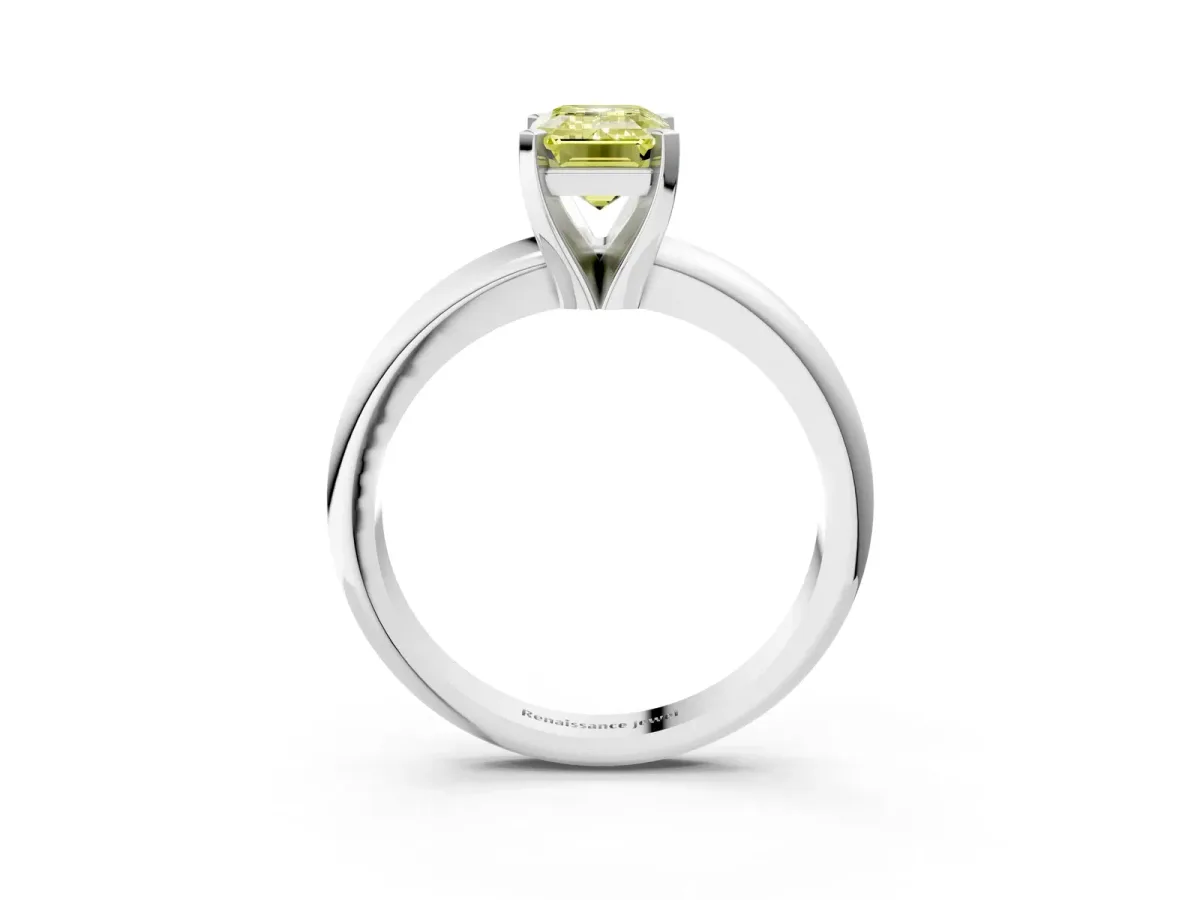 Fancy Yellow Emerald Cut Diamond Solitaire Engagement Ring with Round Band and Four-Prong Setting Silver