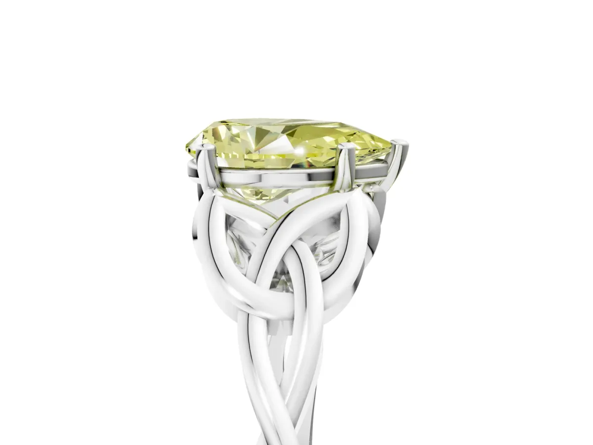 Fancy Yellow Pear Cut Diamond Solitaire Engagement Ring with Celtic Knot Band and Four-Prong Setting Silver