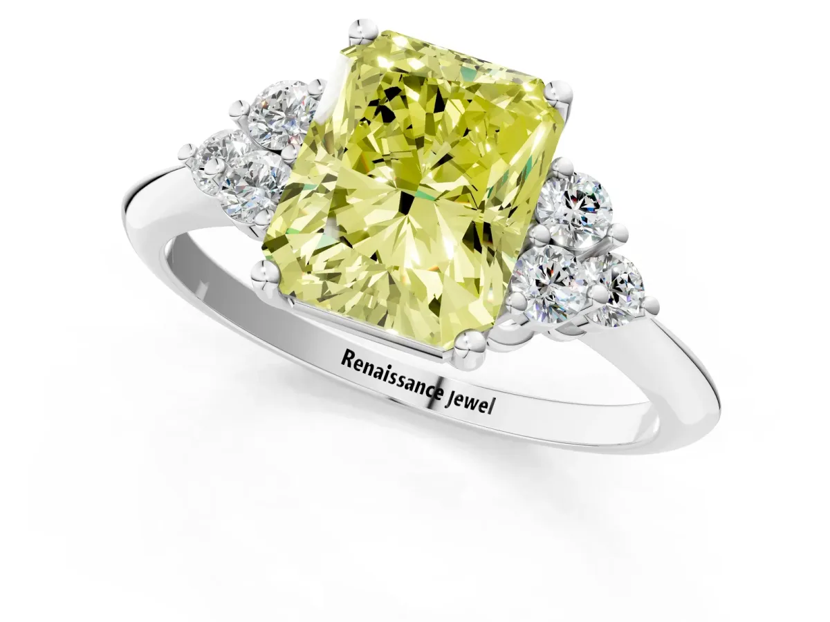 Fancy Yellow Radiant Cut Cut Diamond Cluster Ring with Solitaire Band and Four-Prong Setting Platinum