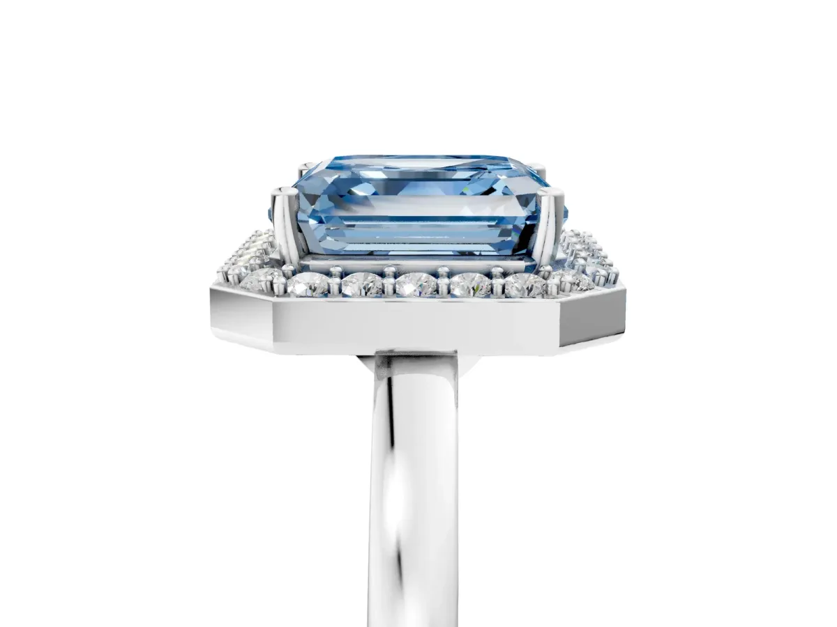 Fancy Blue Asscher Cut Halo Diamond Ring with Solitaire Band and Prong Setting Platinum