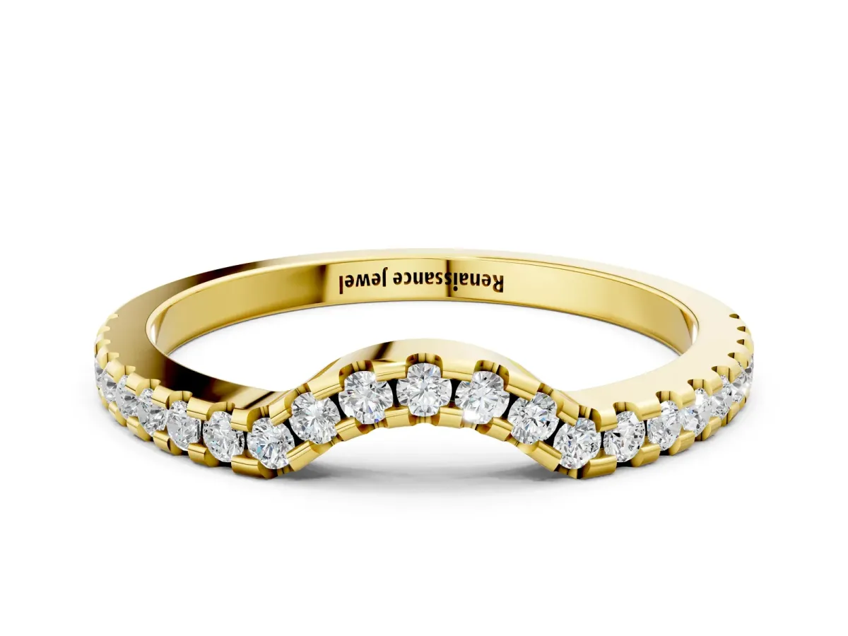 Pavé Round Diamond Curved Wedding Band with Shared Prong Setting Yellow gold