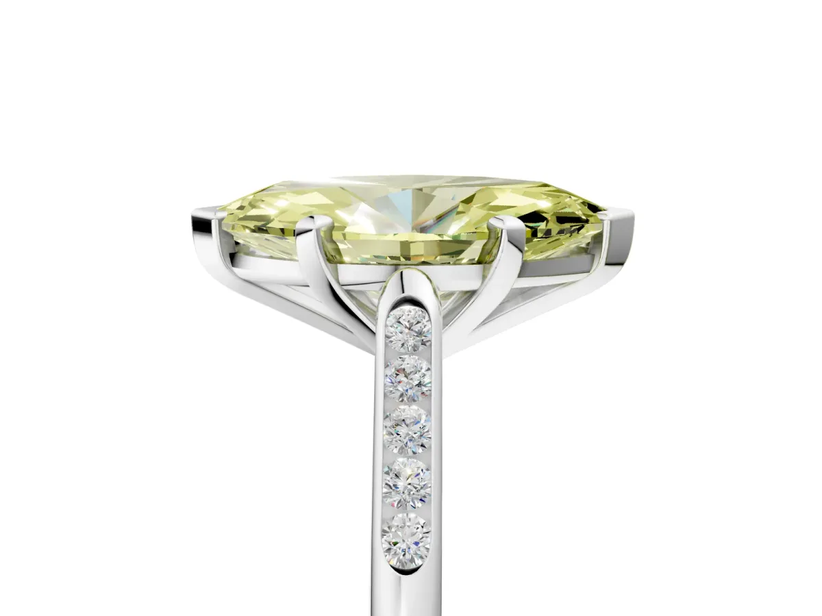 Fancy Yellow Marquise Cut Diamond Solitaire Ring with Channel Set Round Band and Prong Setting Silver