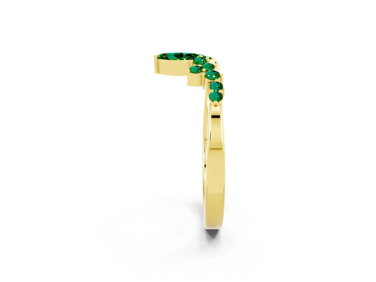 Marquise and Round Emerald Chevron Band with Prong Setting Yellow gold