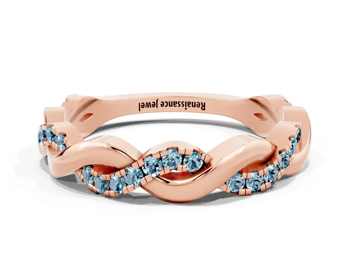 Pavé Round Aquamarine Twist Eternity Band with Shared Prong Setting Rose gold