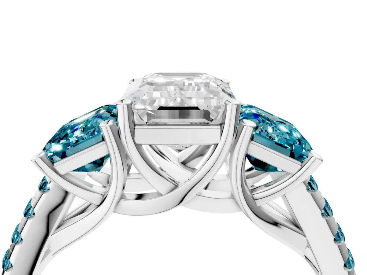 Three-Stone Emerald Cut Diamond Ring with Round Blue Topaz Pavé Band and Prong Setting Silver
