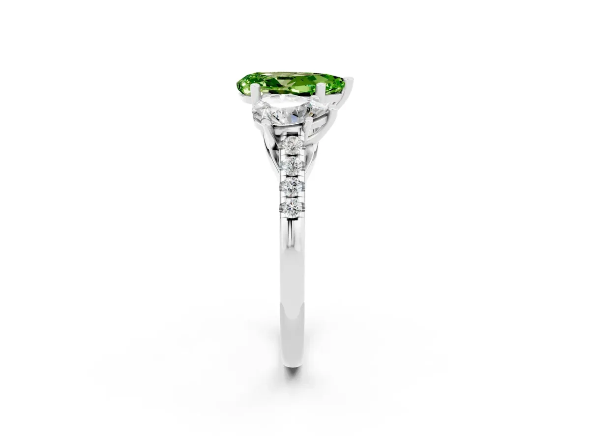 Three-Stone Pear Cut Peridot Ring with Round Pavé Band and Prong Setting Silver