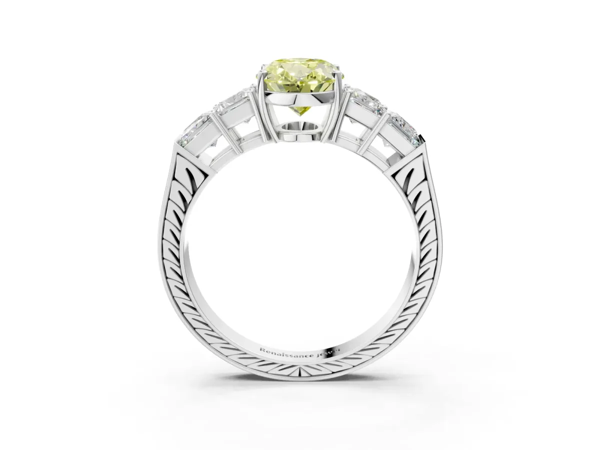 Fancy Yellow Oval Cut Solitaire Princess Side Stone Engraved Band Prong Setting Ring Silver