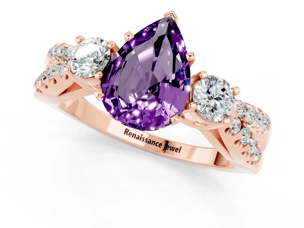 Pear Cut Amethyst Three-Stone Ring with Pavé Split Shank and Four-Prong Setting Rose gold