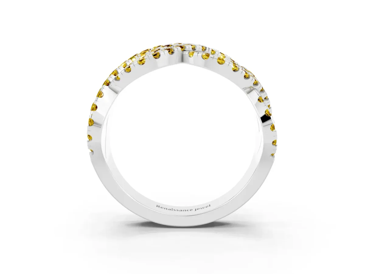 Pavé Round Yellow Sapphire Infinity Twist Band with Shared Prong Setting White gold