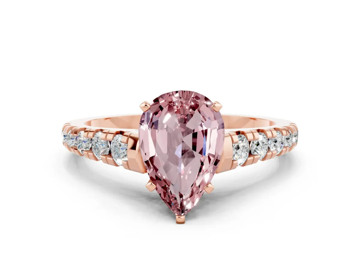 Pear Cut Morganite Cathedral Solitaire Ring with Round Pavé Band Rose gold