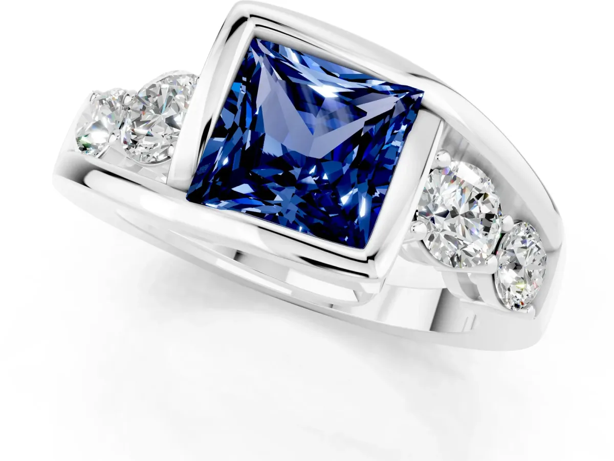 Bezel Set Princess Cut Blue Sapphire Bypass Ring with Round Accents Silver