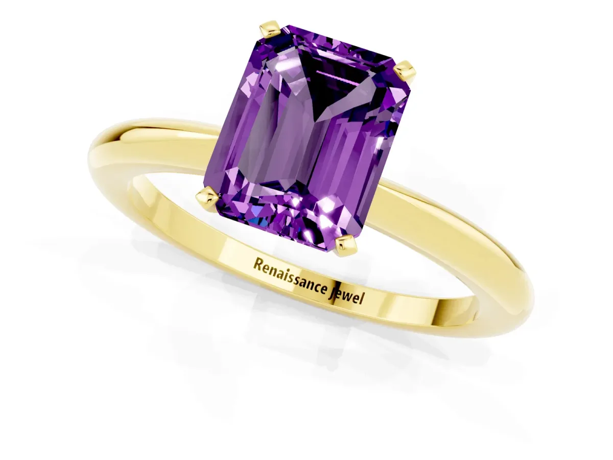 Emerald Cut Amethyst Solitaire Ring with Six-Prong Setting and Classic Band Yellow gold