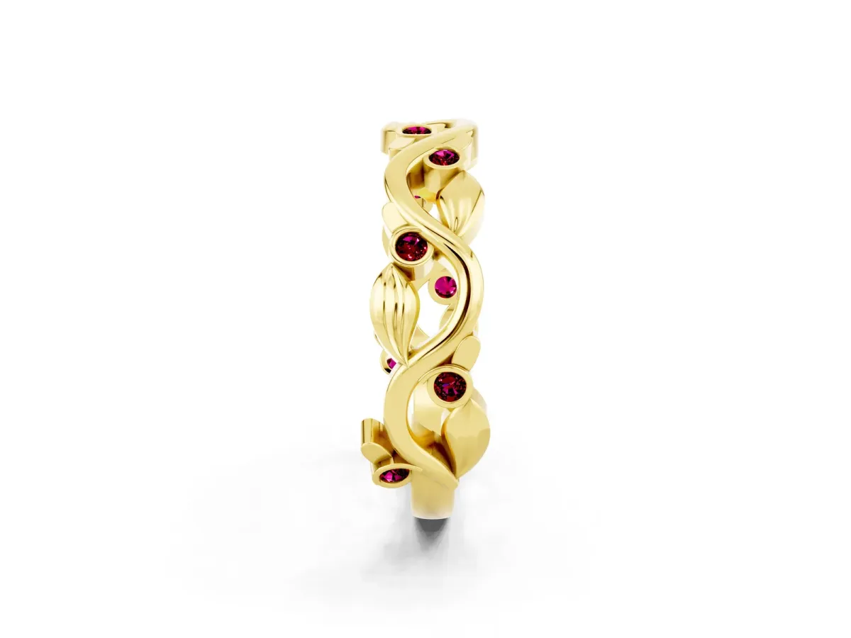 Round Garnet Leaf Eternity Band with Bezel Setting Yellow gold