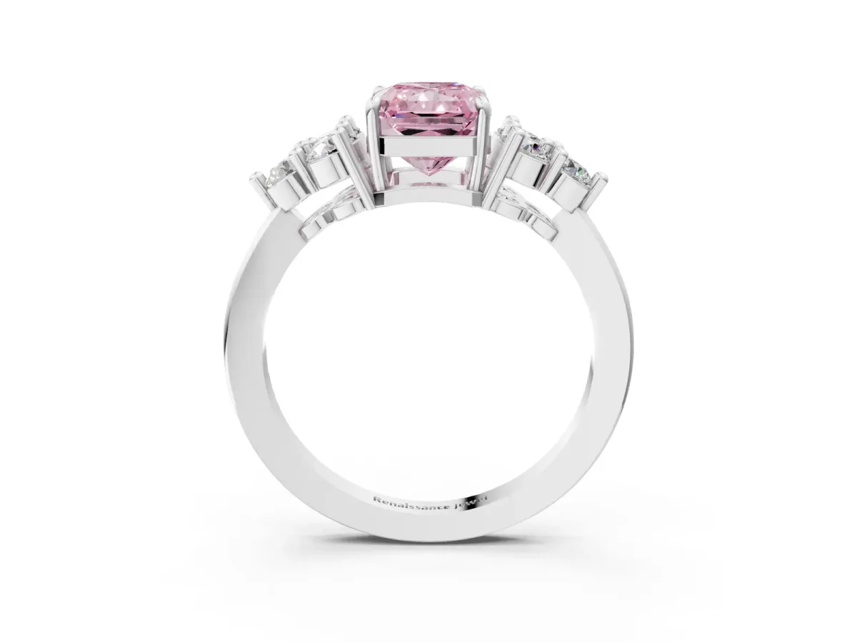 Fancy Pink Radiant Cut Brilliant Diamond Cluster Accent Solitaire Ring with Prong Setting Platinum