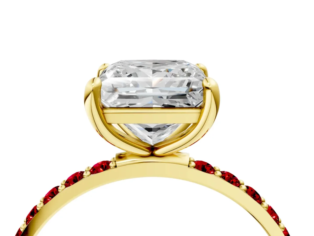 Princess Cut Diamond Solitaire Ring with Round Ruby Pavé Band and Prong Setting Yellow gold