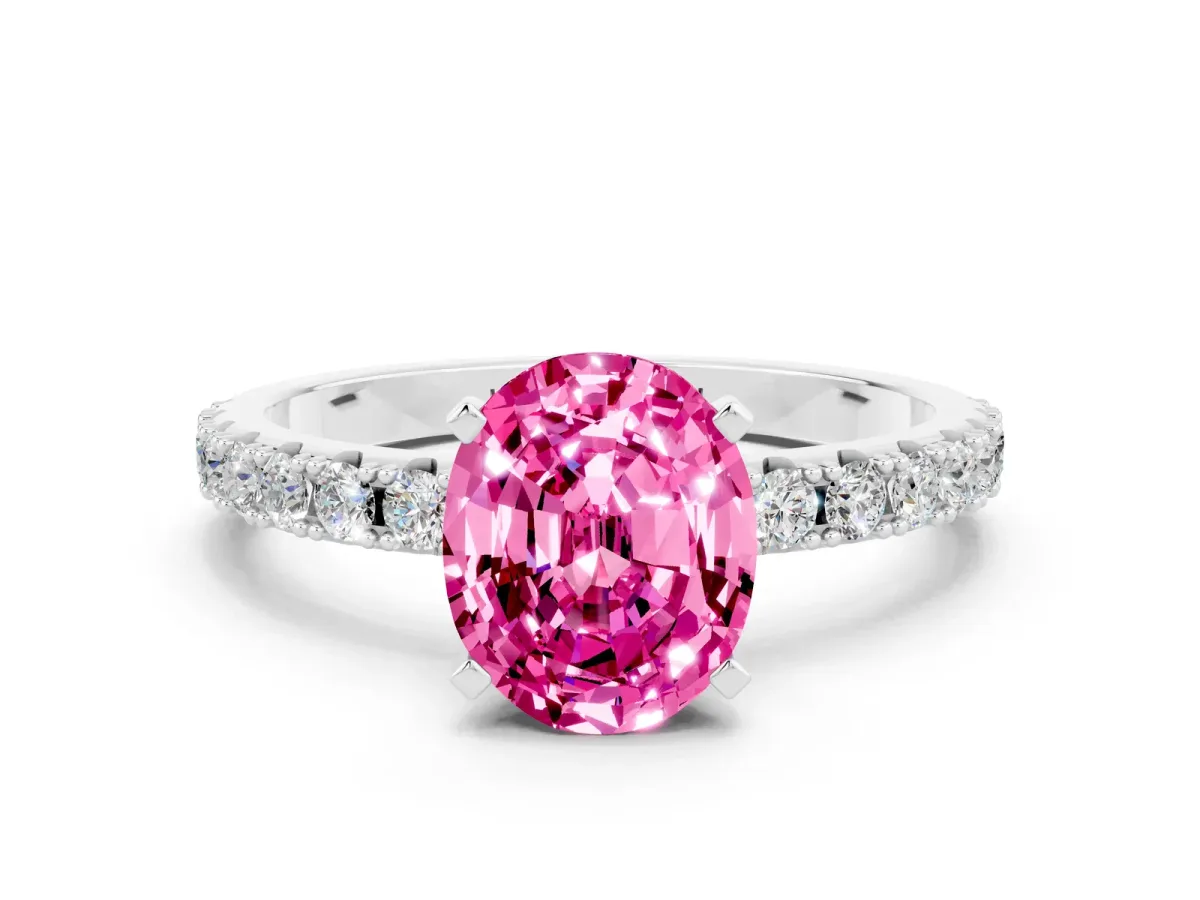 Oval Cut Pink Sapphire Solitaire Pavé Band with Four-Prong Setting Silver