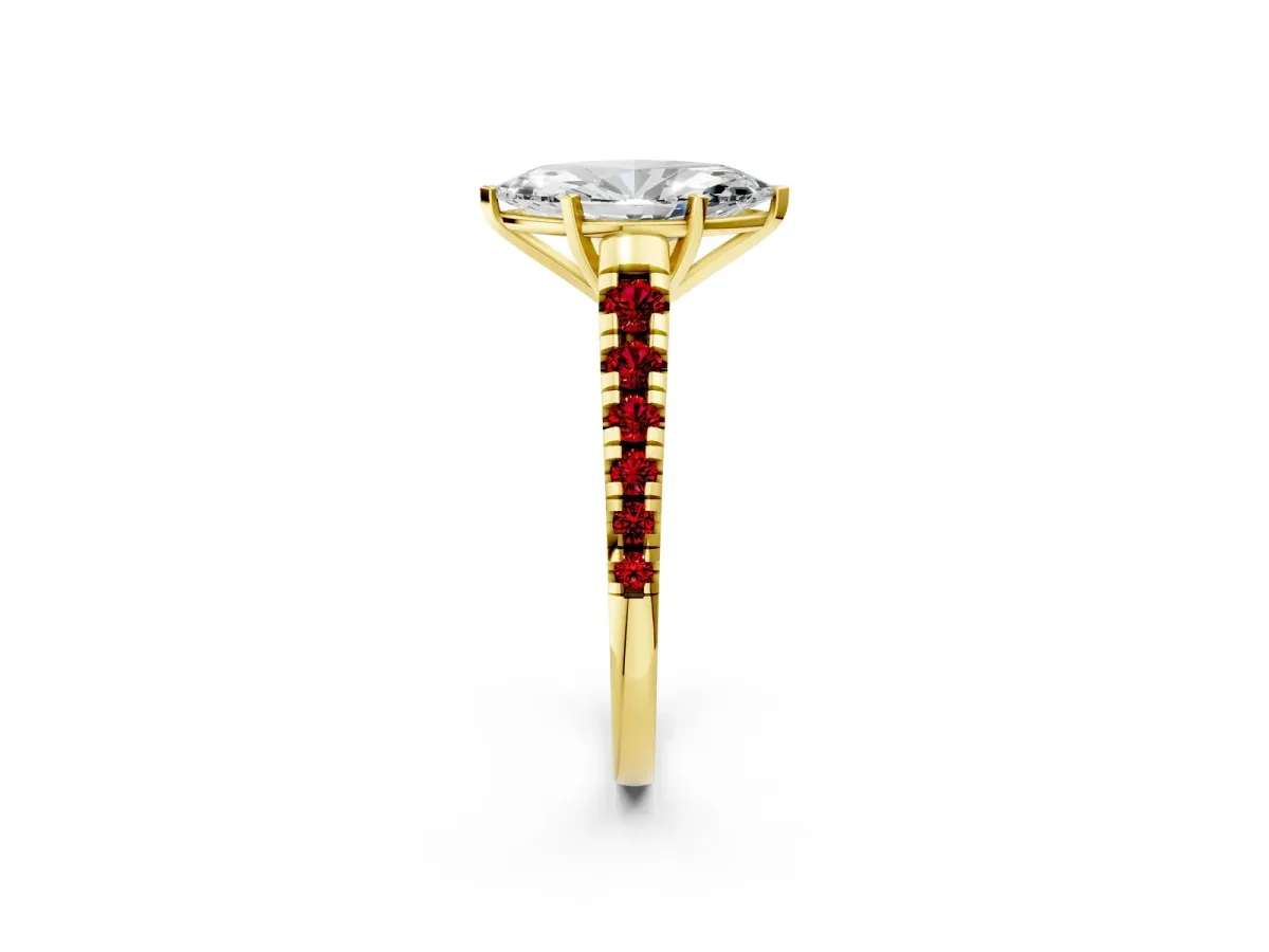 Marquise Cut Diamond Cathedral Solitaire Ring with Round Ruby Pavé Band Yellow gold