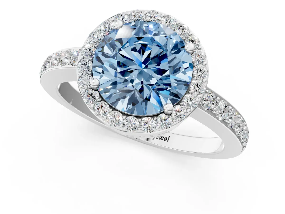 Fancy Blue Round Cut Halo Diamond Pavé Band Ring with Prong Setting Platinum