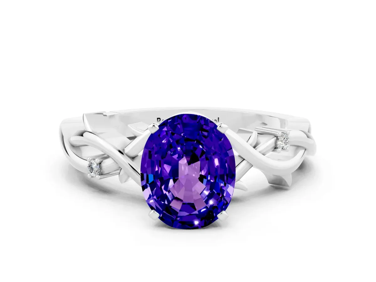 Oval Cut Tanzanite Solitaire Ring with Twisted Band and Prong Setting Silver
