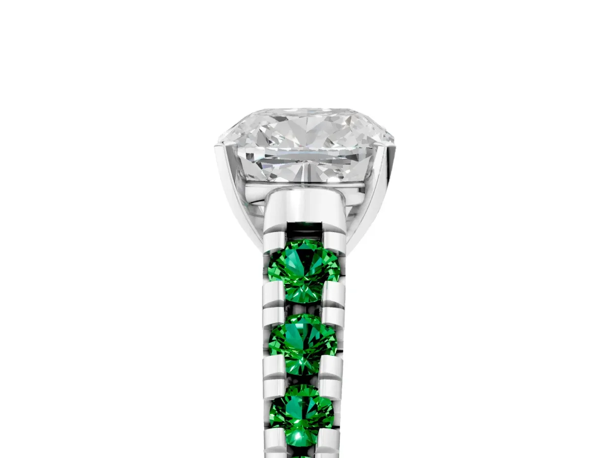 Cushion Cut Diamond Cathedral Solitaire Ring with Round Emerald Pavé Band Silver