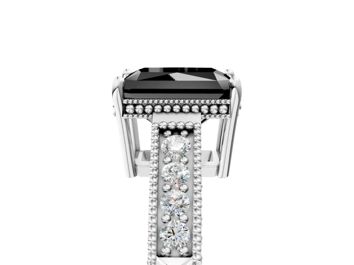 Fancy Black Radiant Cut Cut Diamond Milgrain Pave Band Four-Prong Setting Ring Platinum