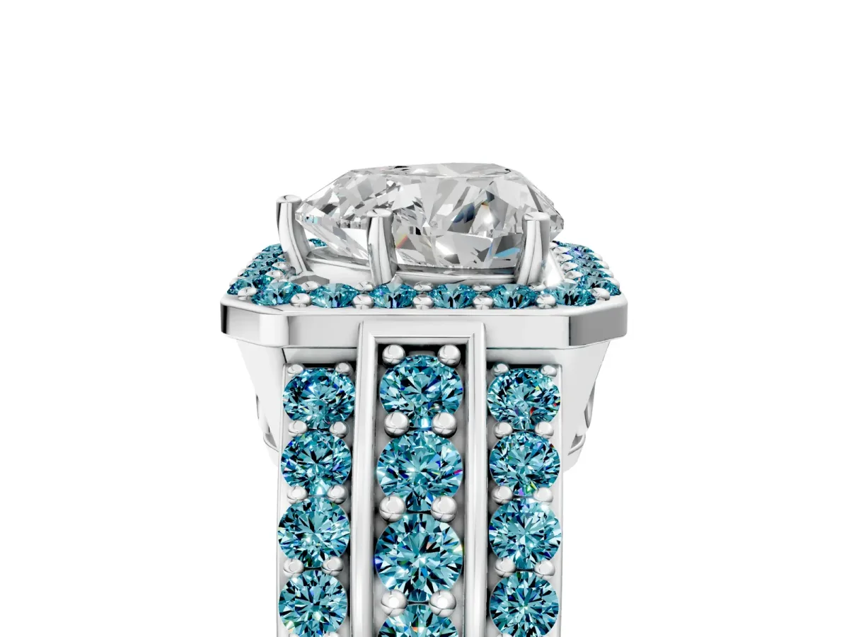 Heart Cut Halo Diamond Ring with Round Blue Topaz Split Shank and Prong Setting Silver