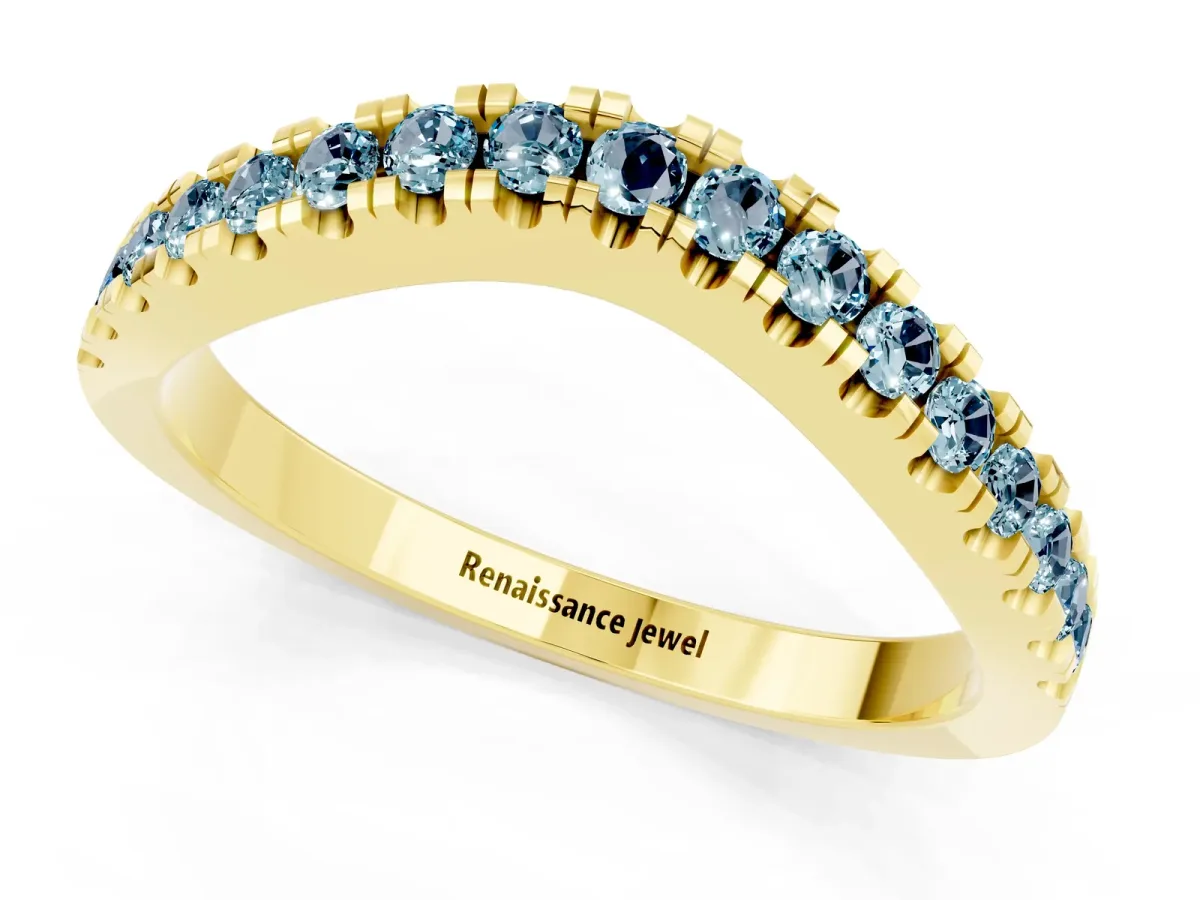 Round Aquamarine Pavé Curved Band with Shared Prong Setting Yellow gold