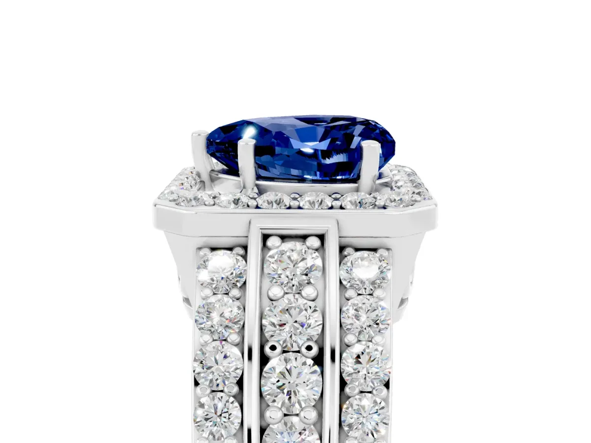 Heart Cut Halo Blue Sapphire Ring with Round Split Shank and Prong Setting Platinum
