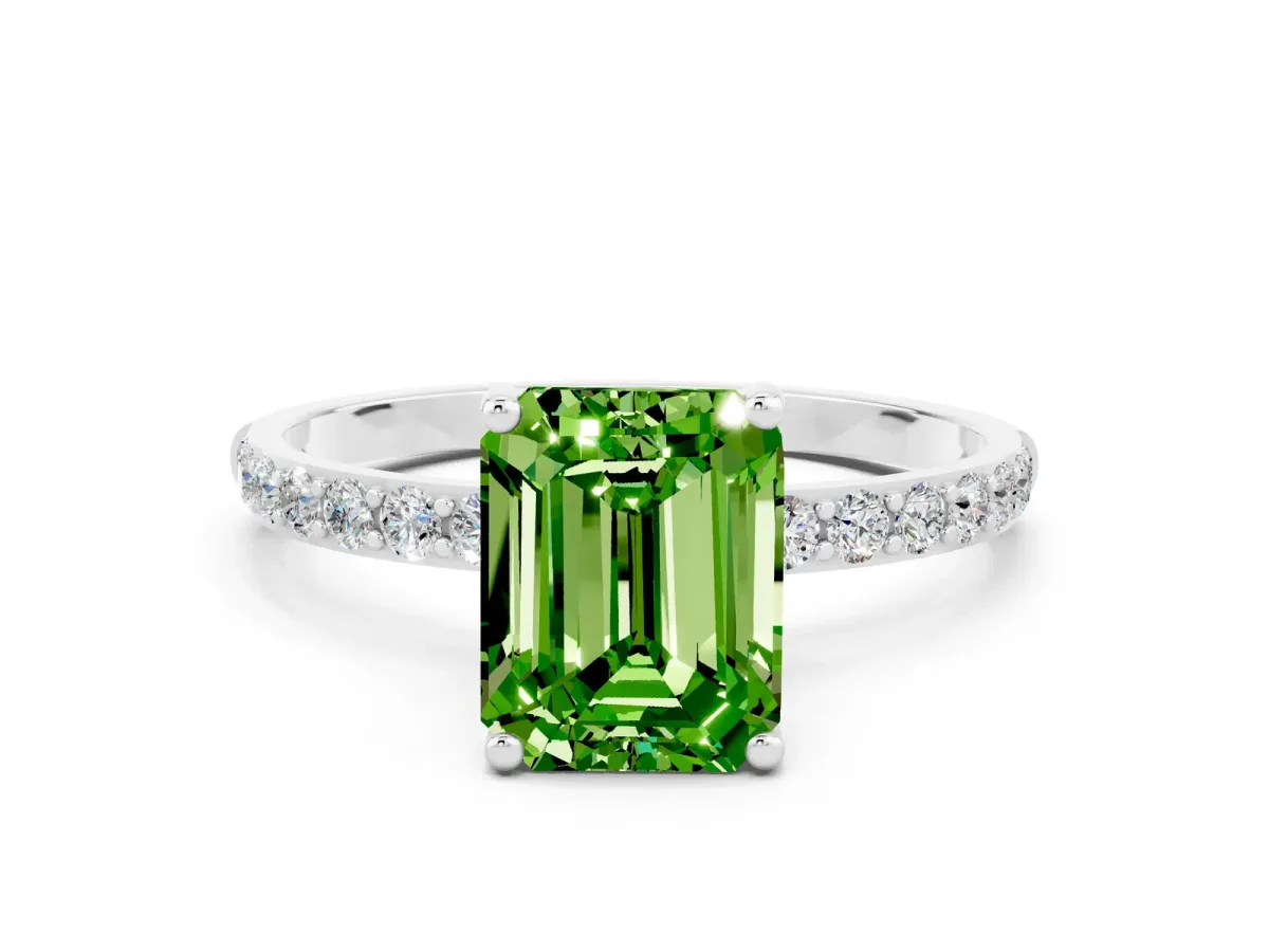 Emerald Cut Peridot Solitaire Ring with Round Pavé Band and Prong Setting Silver