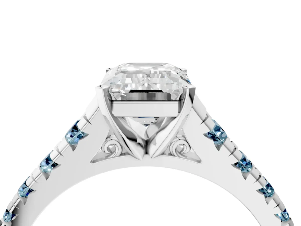 Emerald Cut Diamond Cathedral Solitaire Ring with Round Aquamarine Pavé Band Silver