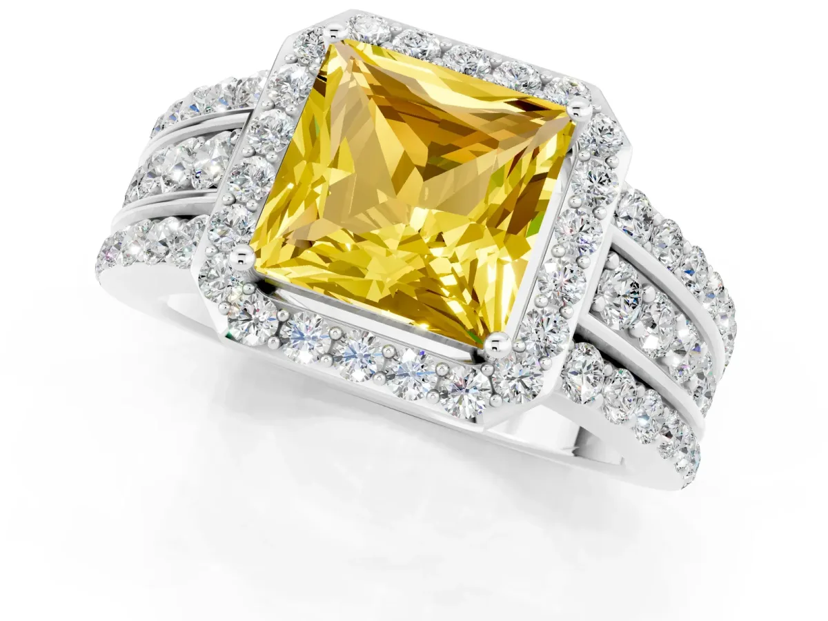 Princess Cut Halo Yellow Sapphire Ring with Round Split Shank and Prong Setting Silver