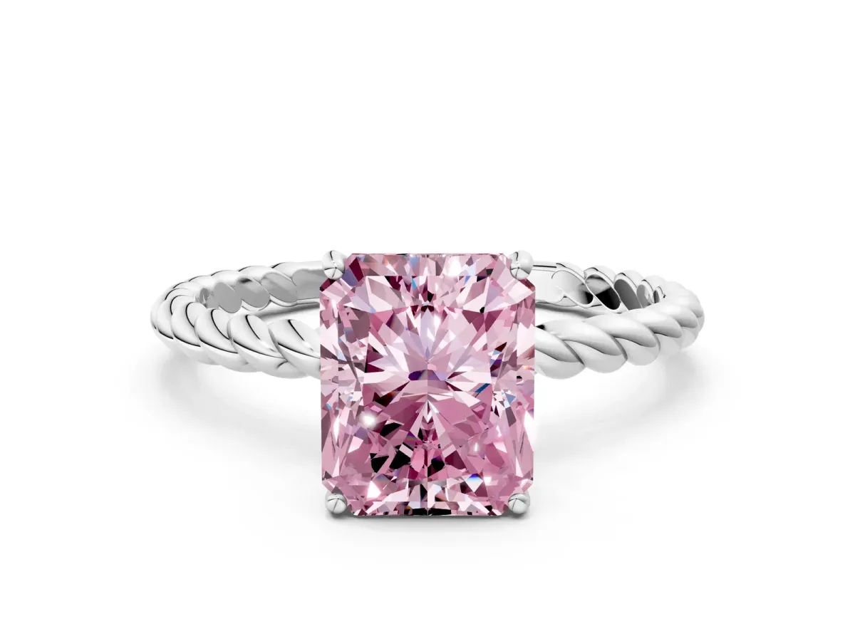 Fancy Pink Radiant Cut Solitaire Twisted Band 4-Prong Ring Platinum