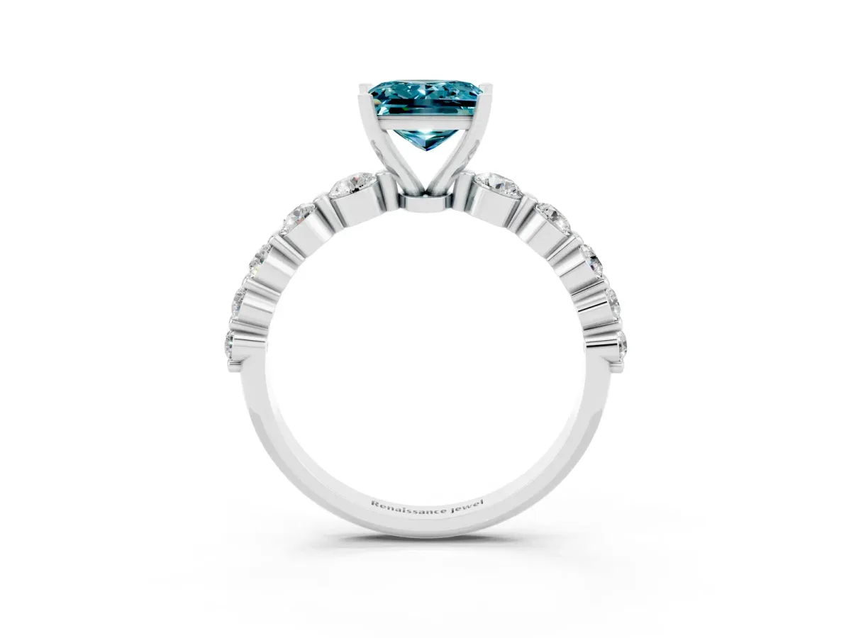 Princess Cut Solitaire Blue Topaz Ring with Pave Band and Four-Prong Setting Silver