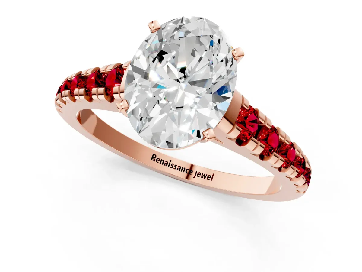 Oval Cut Diamond Cathedral Solitaire Ring with Round Ruby Pavé Band Rose gold
