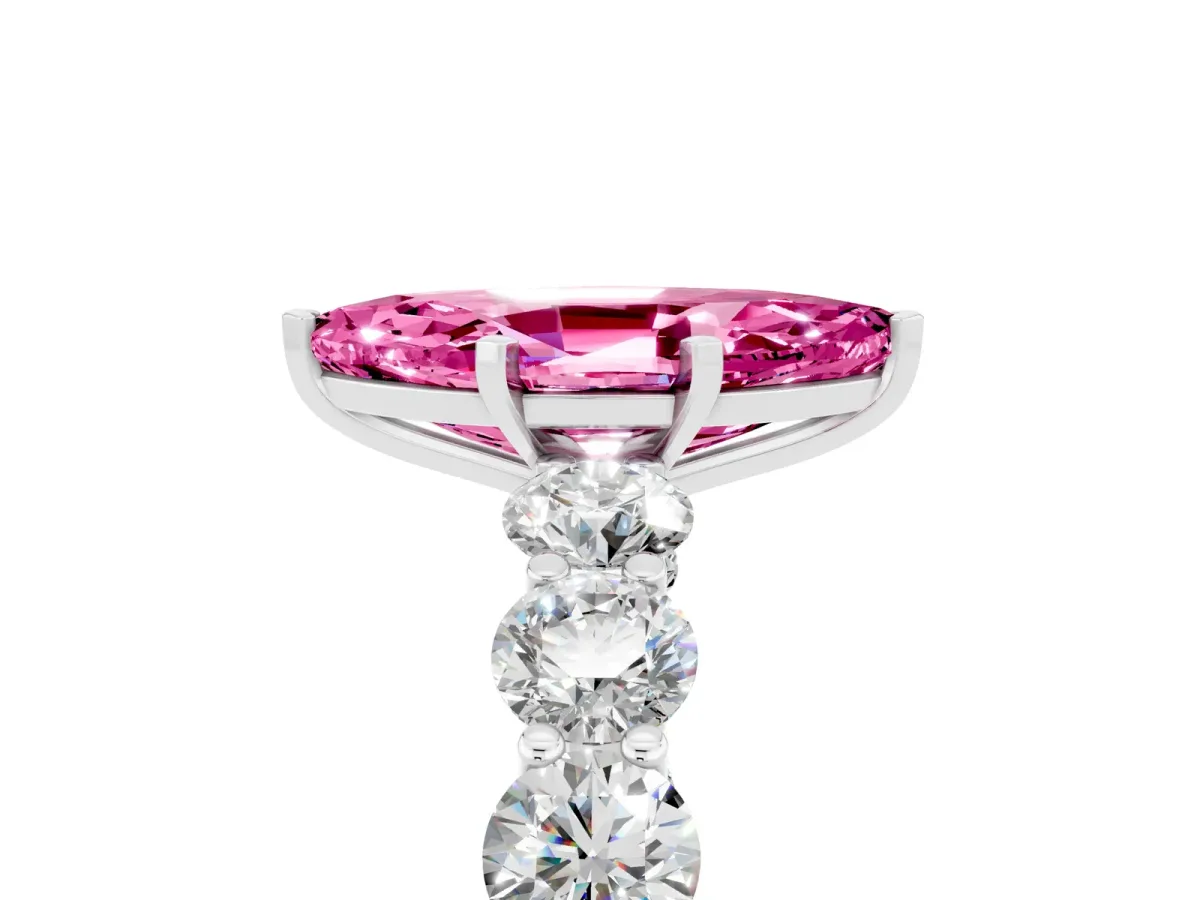 Marquise Cut Pink Sapphire Prong Setting with Side Stones on a Pave Band Silver