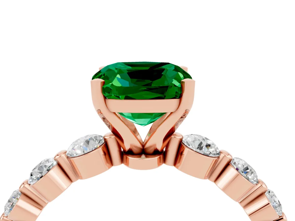 Cushion Cut Solitaire Emerald Ring with Pave Band and Four-Prong Setting Rose gold