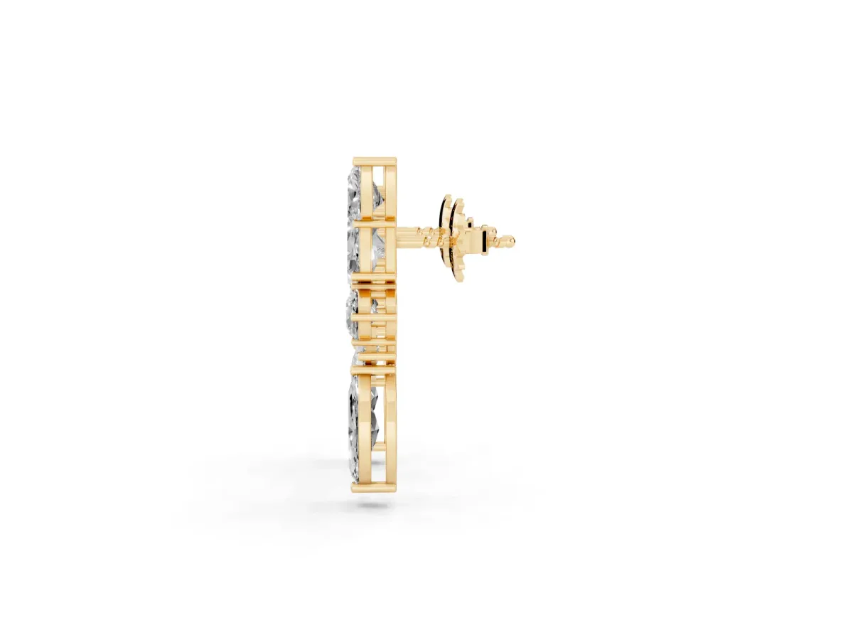 Princess, Baguette, Marquise, Pear and Round Diamond Cluster Stud Earrings Yellow gold