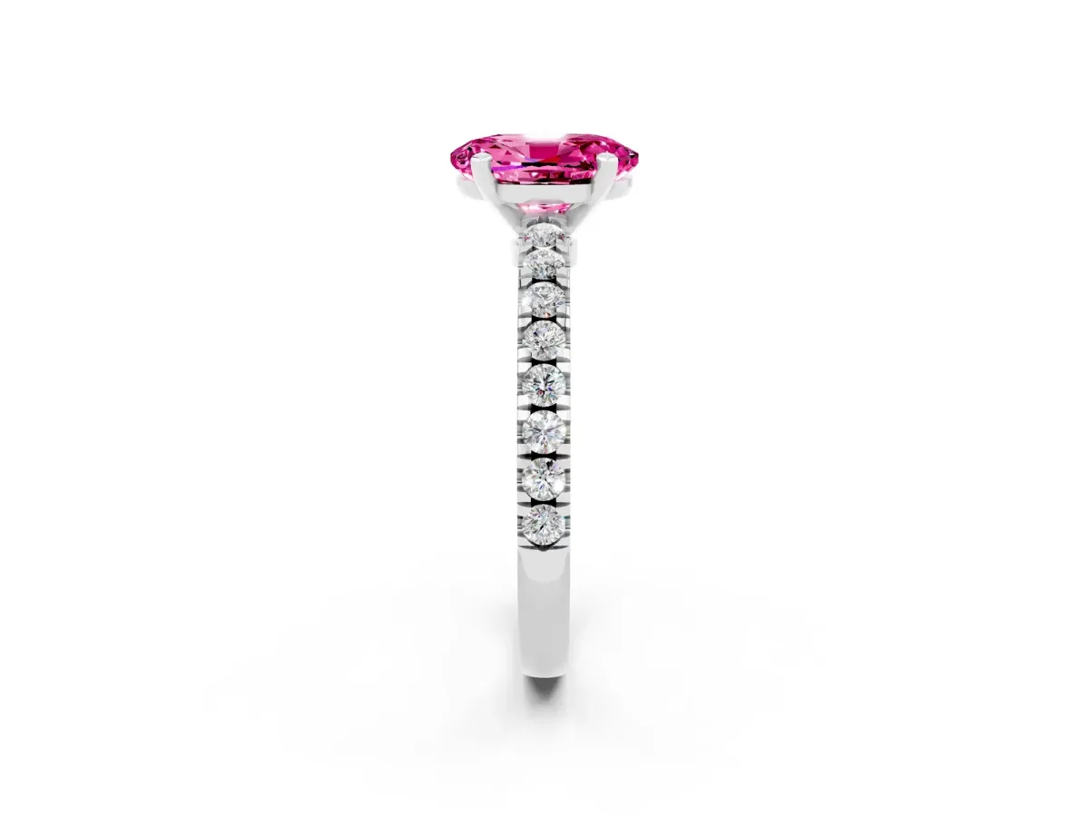 Oval Cut Solitaire Pink Sapphire with Pavé Band and Four-Prong Setting Silver