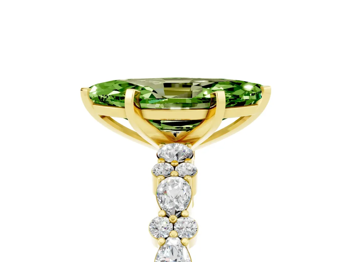 Marquise Cut Peridot Side Stone Solitaire Ring with Round and Four-Prong Setting Yellow gold
