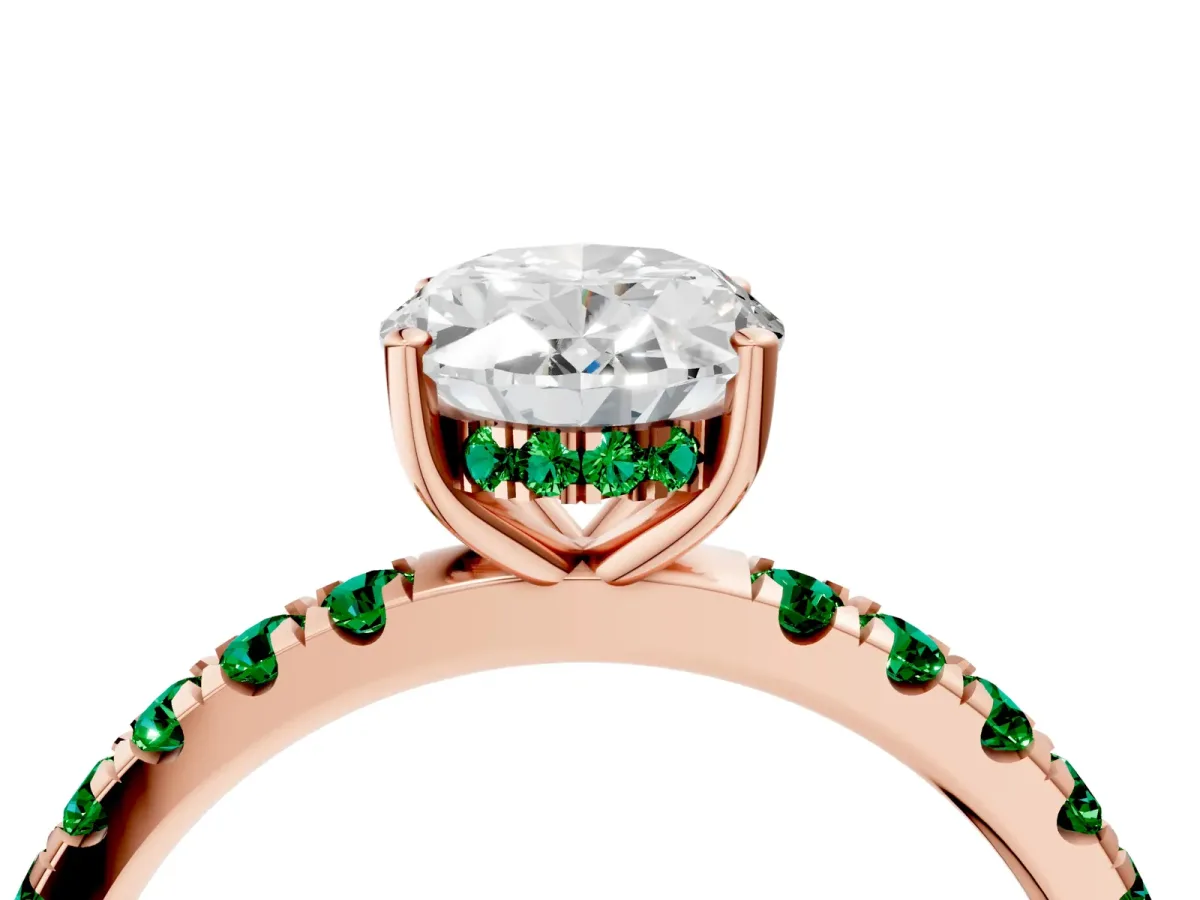 Oval Cut Diamond Pave Band Solitaire Ring with Round Emerald and Prong Setting Rose gold