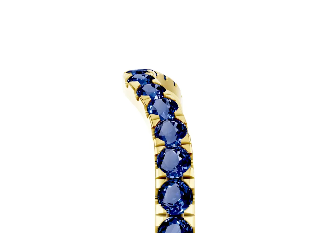 Curved Pavé Round Blue Sapphire Wedding Band with Shared Prong Setting Yellow gold