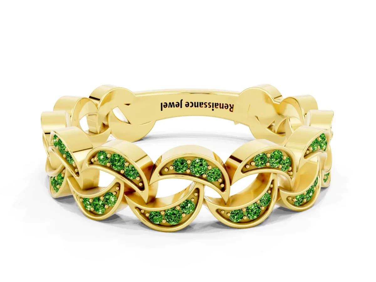 Pavé Round Peridot Interlocking Eternity Band with Bezel Prong Setting Yellow gold