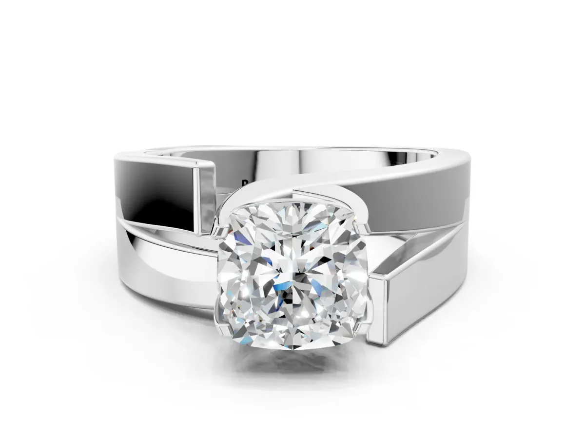 Modern Tension Set Cushion Cut Diamond Solitaire Wide Band Ring Silver