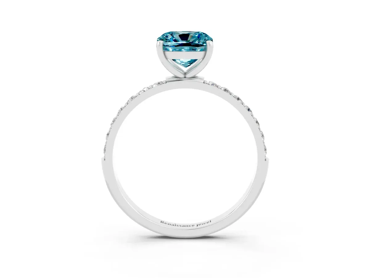 Cushion Cut Blue Topaz Solitaire Ring with Round Pavé Band and Prong Setting Silver