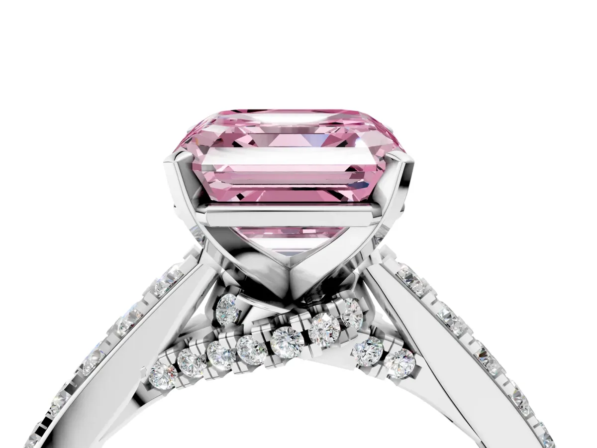 Fancy Pink Asscher Cut Diamond Solitaire Ring with Crossover Gallery and Round Pavé Band Silver