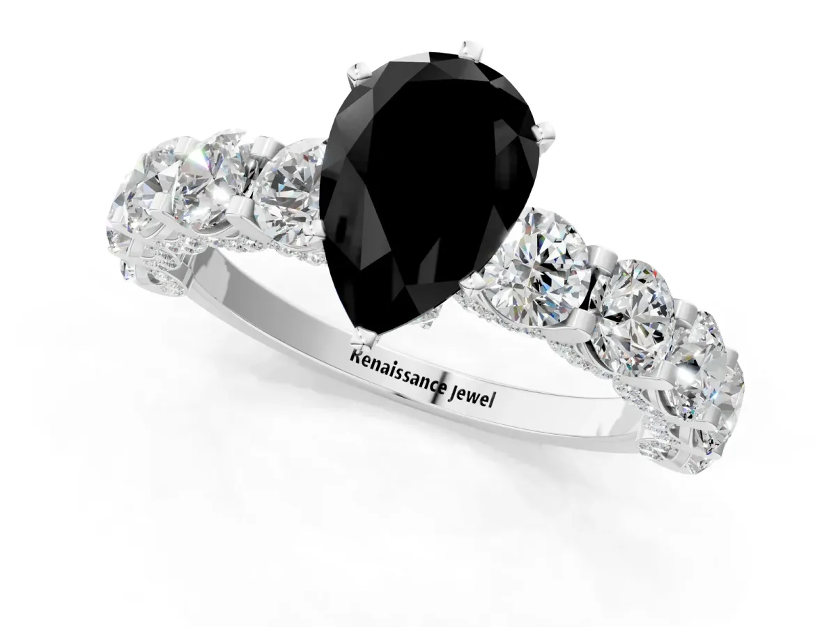 Fancy Black Pear Cut Diamond Side Stone Engagement Ring with Four-Prong Setting White gold