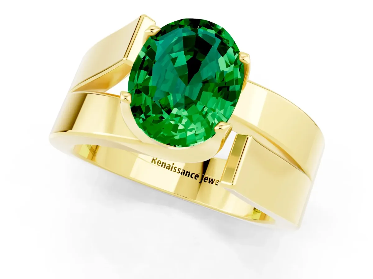 Modern Tension Set Oval Cut Emerald Solitaire Wide Band Ring Yellow gold