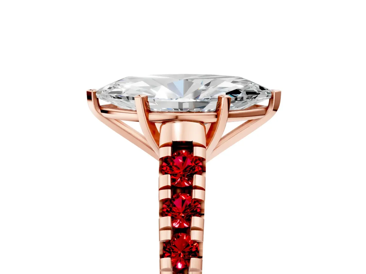 Marquise Cut Diamond Cathedral Solitaire Ring with Round Ruby Pavé Band Rose gold